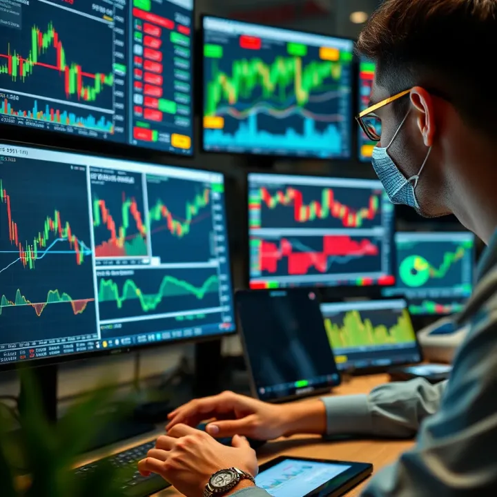 A trader analyzing multiple financial charts on computer screens with trading tools and graphs