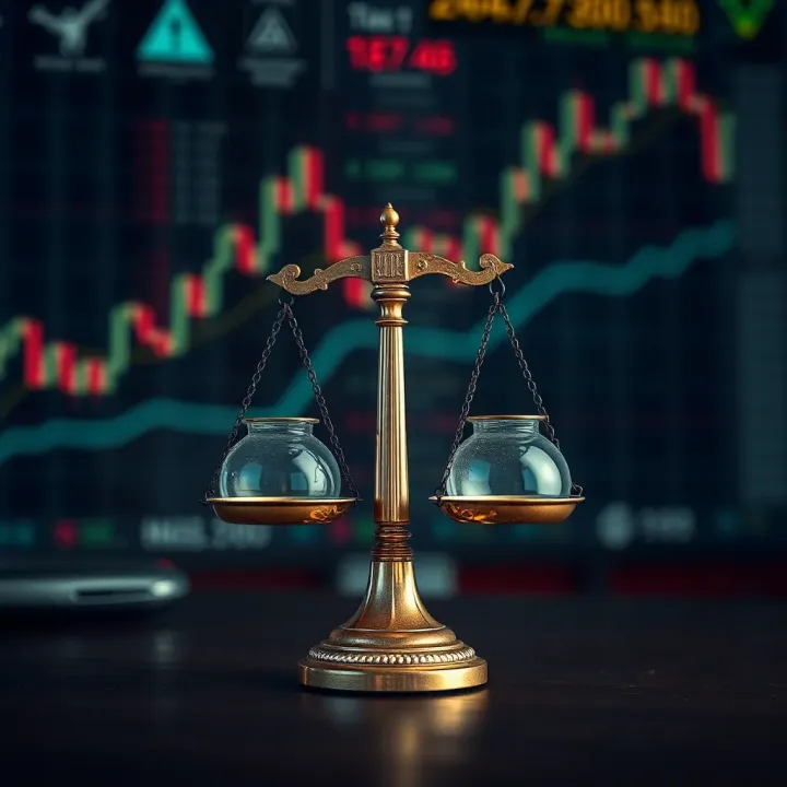 Effective Risk Management in Trading Conceptual illustration of risk management with balancing scales and digital trading symbols