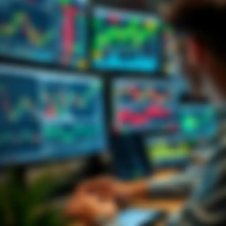 Analyzing Financial Data for Smart Trading Decisions A trader analyzing multiple financial charts on computer screens with trading tools and graphs
