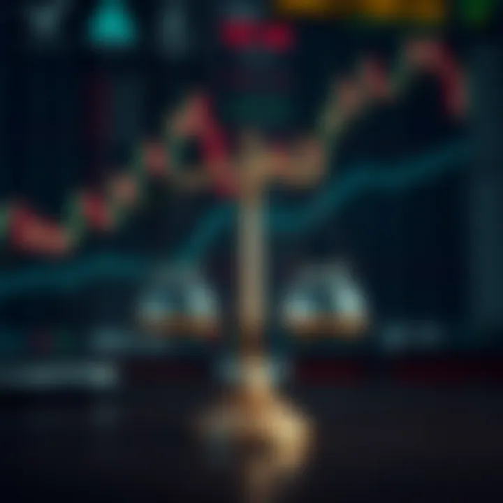 Conceptual illustration of risk management with balancing scales and digital trading symbols
