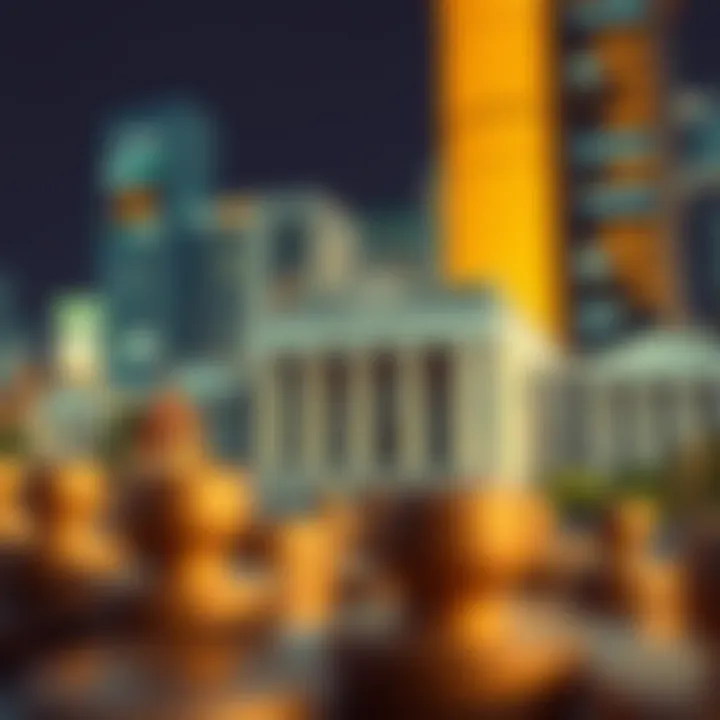 Central Bank Policy Influence on Currency Exchange Rates Illustration of central bank buildings representing monetary policy decisions impacting currency values