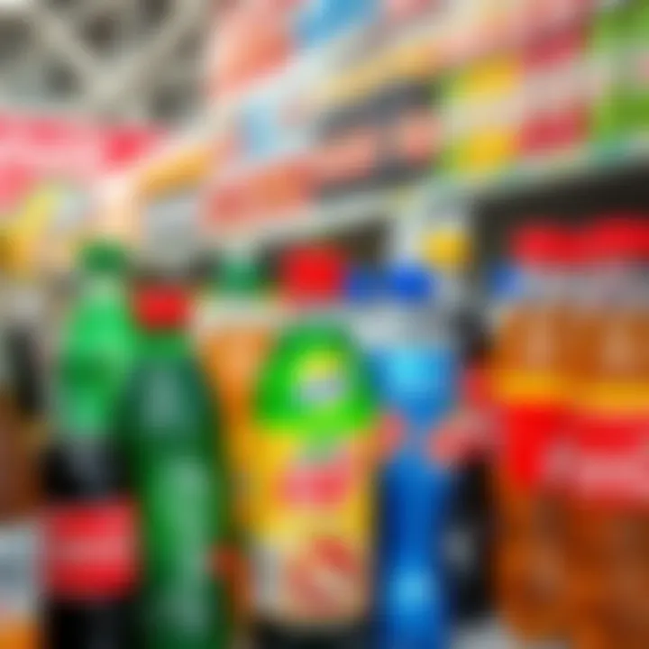 Bottles of various soda brands displayed on store shelves in Kenya