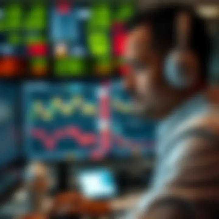 A trader monitoring currency exchange rates on computer screens in a financial market setting