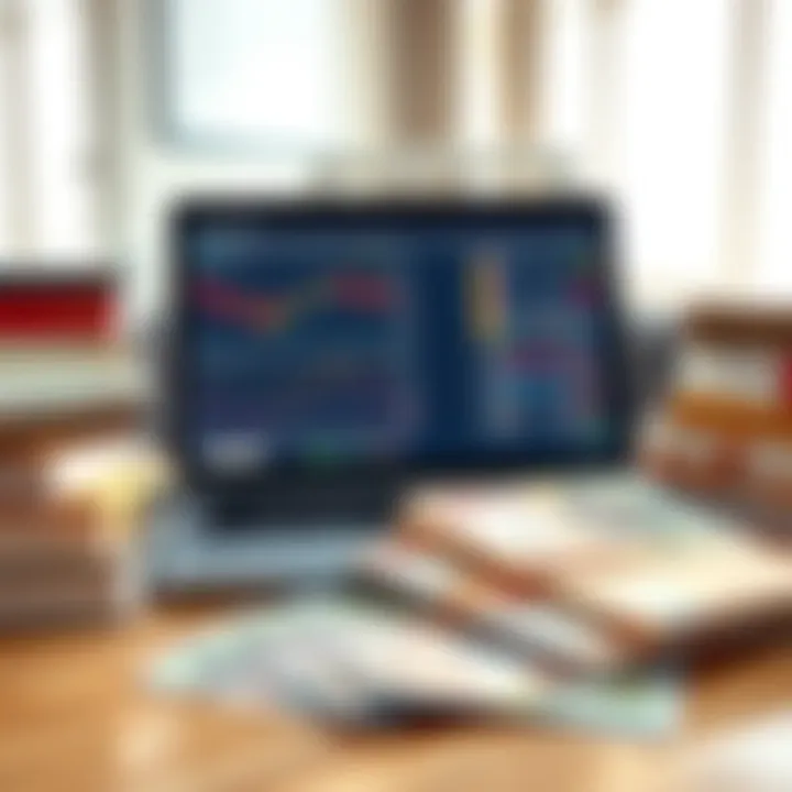 Essential Forex Trading Resources for Kenyan Traders Collection of forex trading books, a laptop displaying charts, and Kenyan currency notes