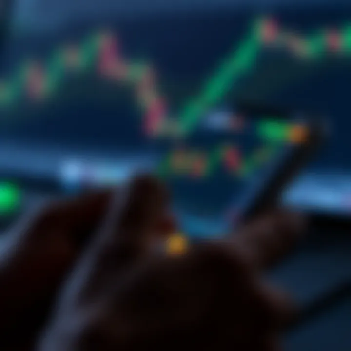 Mobile phone displaying a forex trading application interface with charts and currency pairs