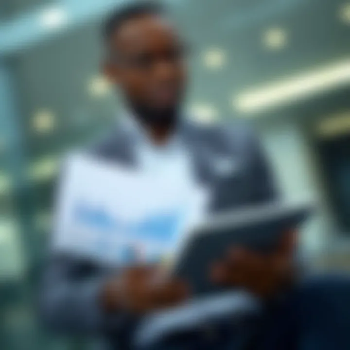 Kenyan entrepreneur reviewing business plan with digital tablet and financial charts