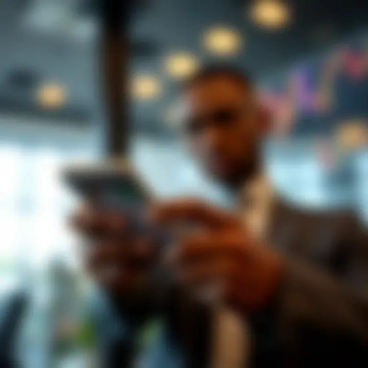User interacting with the IQ Option app showing various financial instruments and trading tools