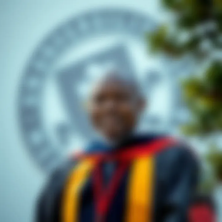 Portrait of Paul Mugenda in academic gown with University of Nairobi emblem in the background