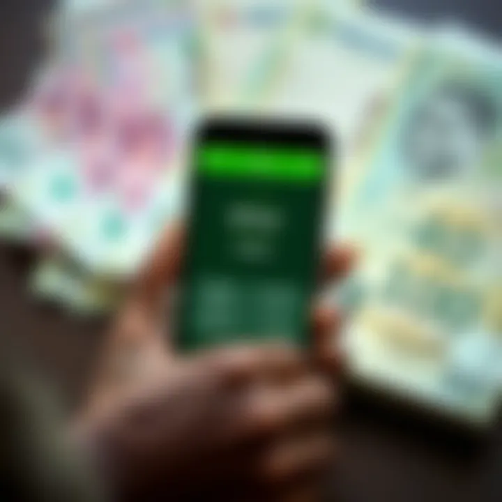 A smartphone displaying M-Pesa app interface with Kenyan currency notes in the background