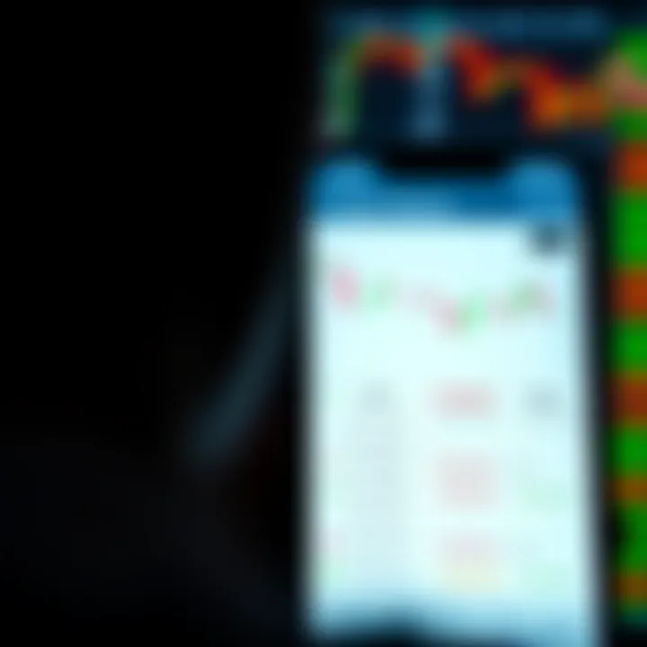 Mobile phone displaying a binary trading app interface with charts and trading options