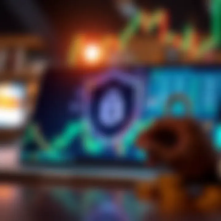 Conceptual graphic showing secure online trading with shield and currency symbols