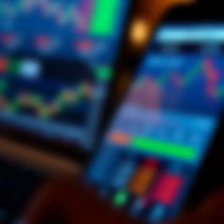 Mobile phone displaying a binary trading app interface with various financial charts and options