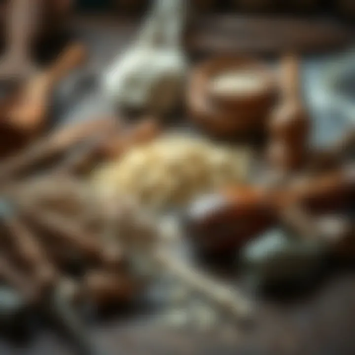 Essential Tools and Raw Materials Used in Deri Production Traditional deri crafting tools and raw materials arranged on a wooden surface