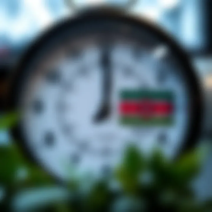 Clock showing time zones of London and Kenya with arrows indicating time difference