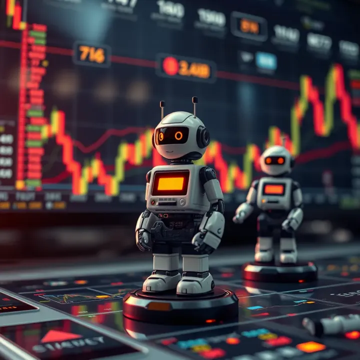 Digital representation of automated trading with charts and robot icons