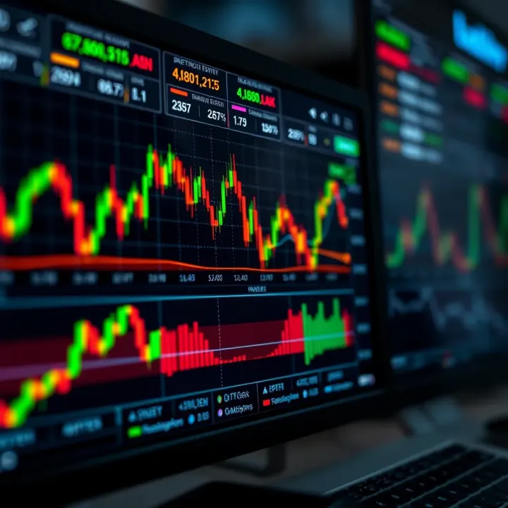 Digital interface displaying binary trading charts and algorithmic indicators