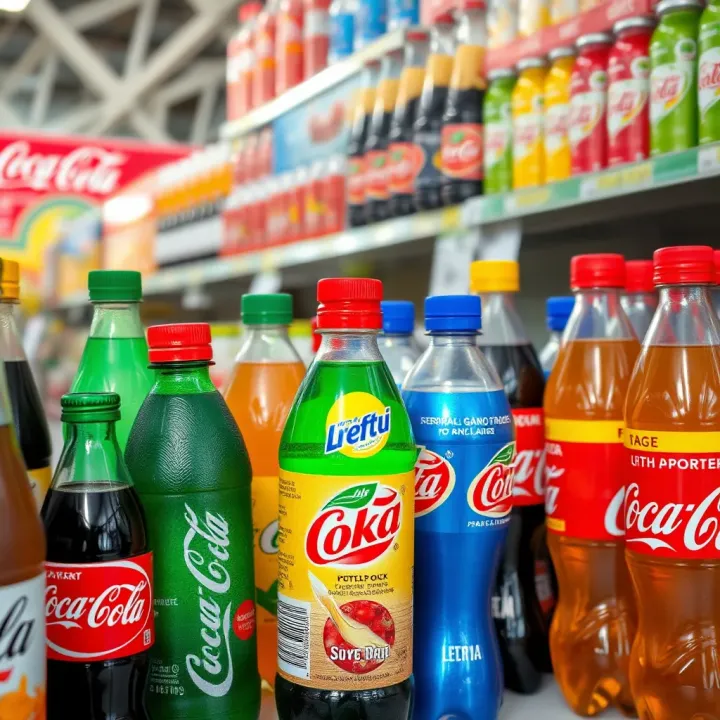 Bottles of various soda brands displayed on store shelves in Kenya