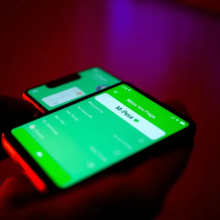 Mobile phone displaying M-Pesa app interface with transaction options visible