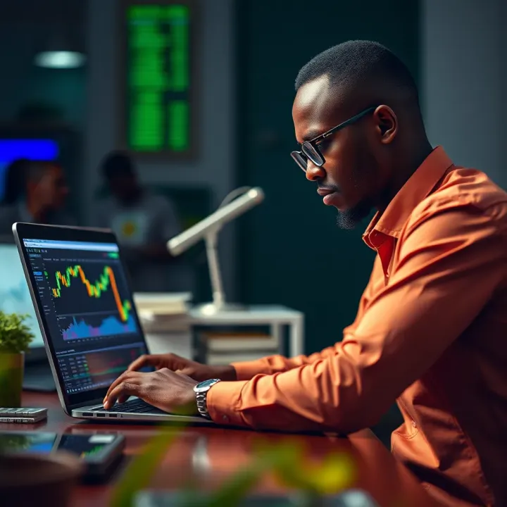 Trading Cryptocurrency on Binance with M-Pesa for Kenyan Investors Kenyan investor using laptop to trade cryptocurrency on Binance with M-Pesa payment option