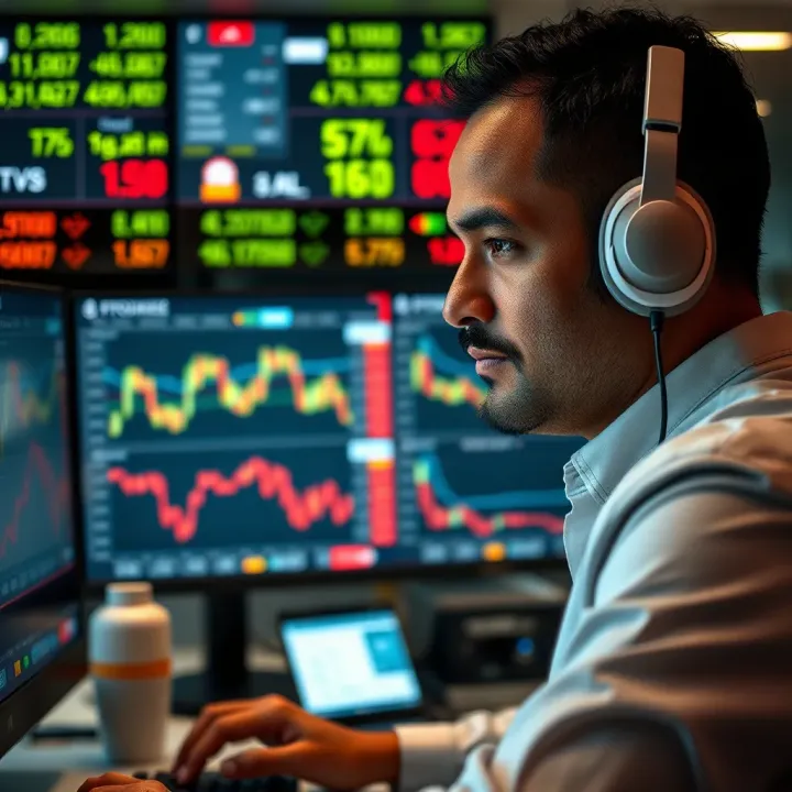 A trader monitoring currency exchange rates on computer screens in a financial market setting