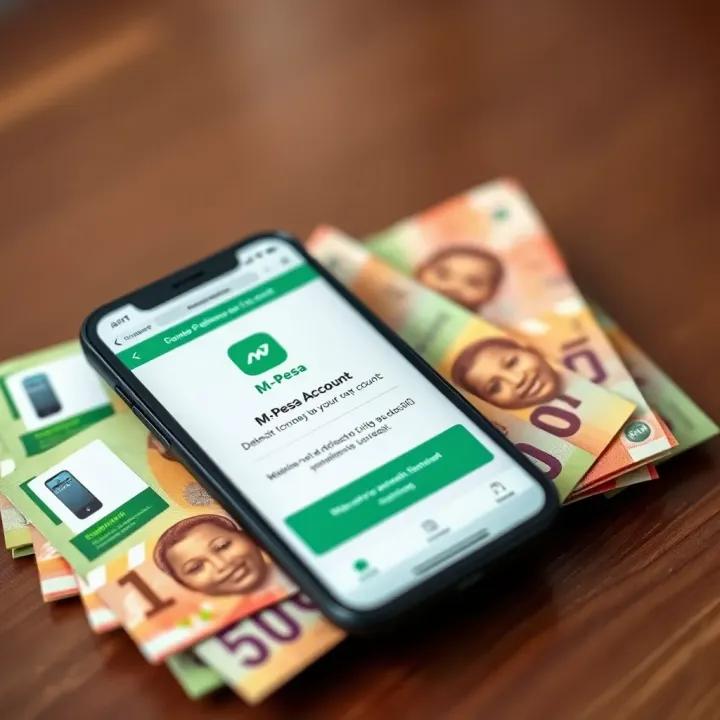 Fund Your Deriv Account with M-Pesa in Kenya Mobile phone displaying M-Pesa app with Kenyan currency notes beside it