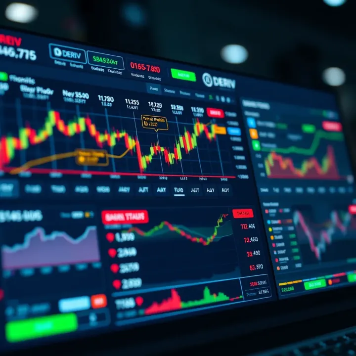 Dashboard showing Deriv trading interface with market charts and options