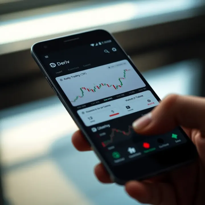 Android smartphone displaying Deriv app interface with trading charts and options