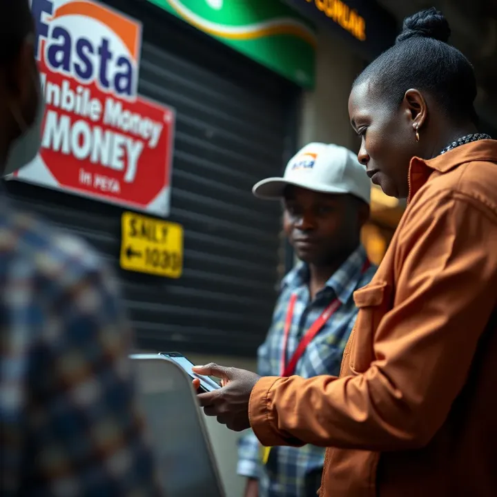 A Fast Pesa agent assisting a customer with a mobile money transaction at a local kiosk
