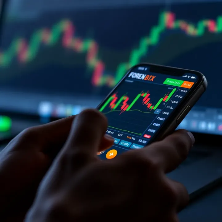 Mobile phone displaying a forex trading application interface with charts and currency pairs