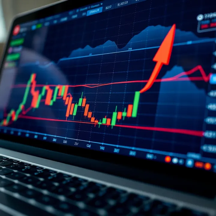 Concept of funded forex account with a digital currency chart and upward trend arrows