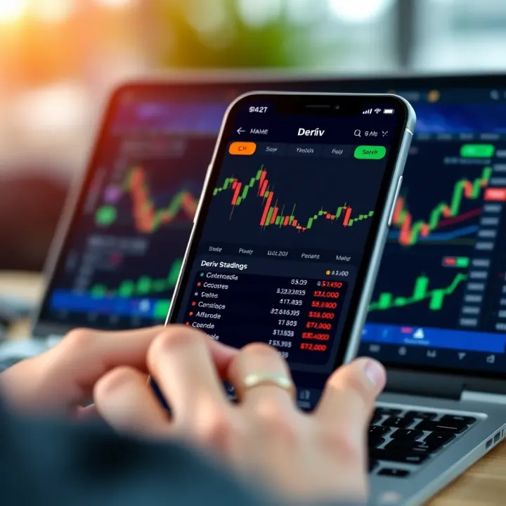 Mobile device displaying the Deriv app interface with trading charts and options