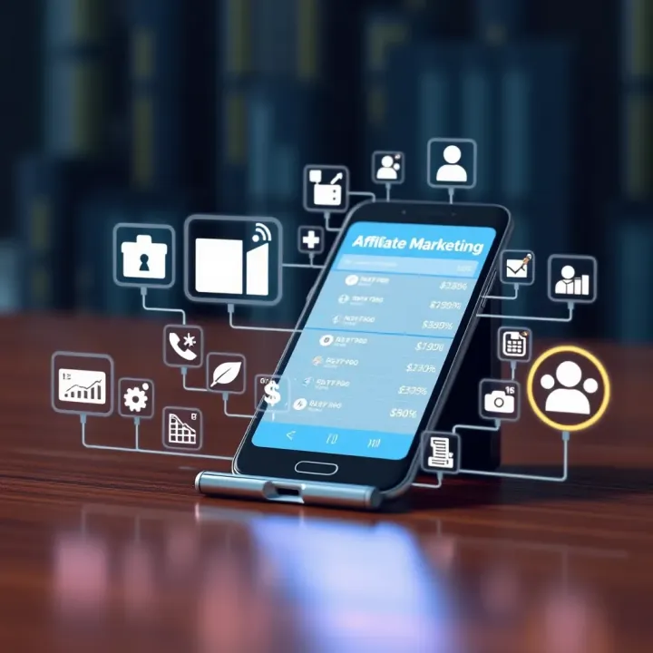 Illustration showing various digital marketing icons connected to a smartphone screen displaying affiliate earnings