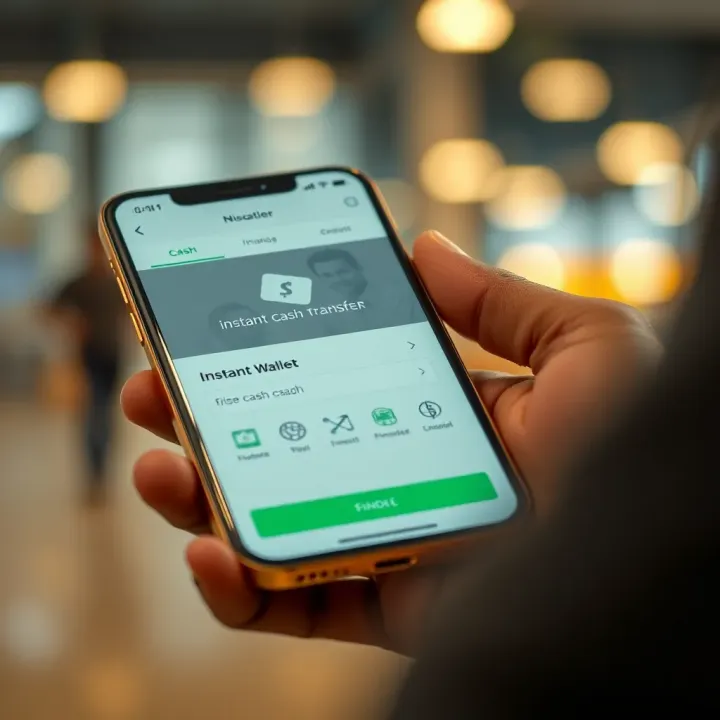 Instant Cash Transfer via Digital Wallet in Kenya Digital wallet app showing instant cash transfer on a mobile device with financial icons