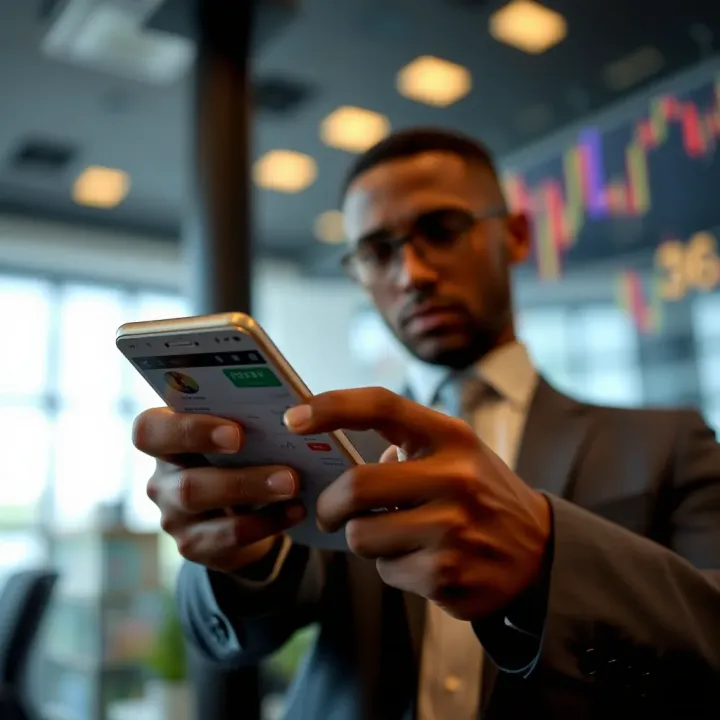 User interacting with the IQ Option app showing various financial instruments and trading tools