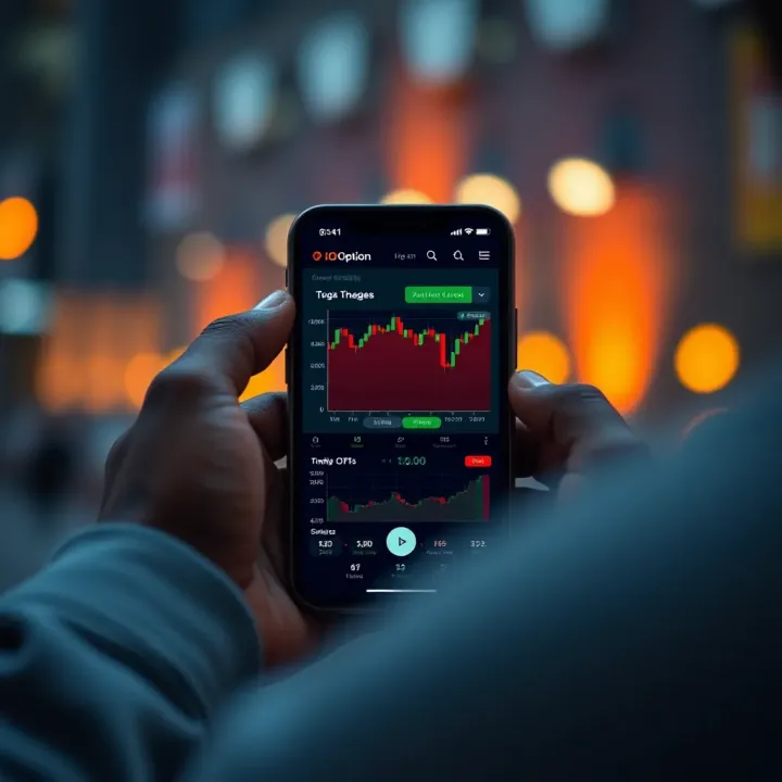 Mobile device displaying trading charts and options within the IQ Option app interface