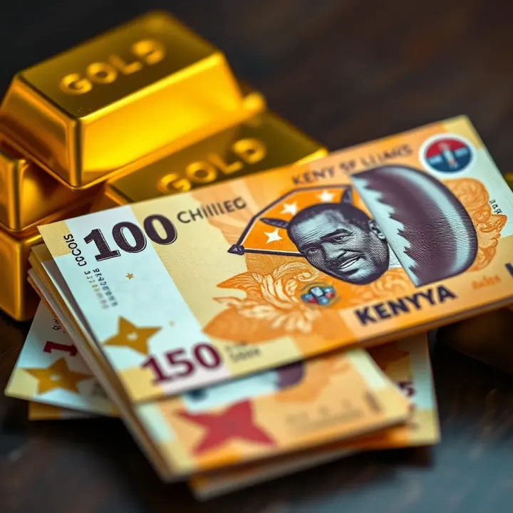 Kenyan currency notes next to gold bars symbolizing the influence of the shilling on gold market