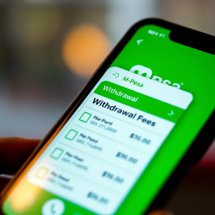 Illustration showing a mobile phone displaying an M-Pesa withdrawal transaction screen with fees highlighted