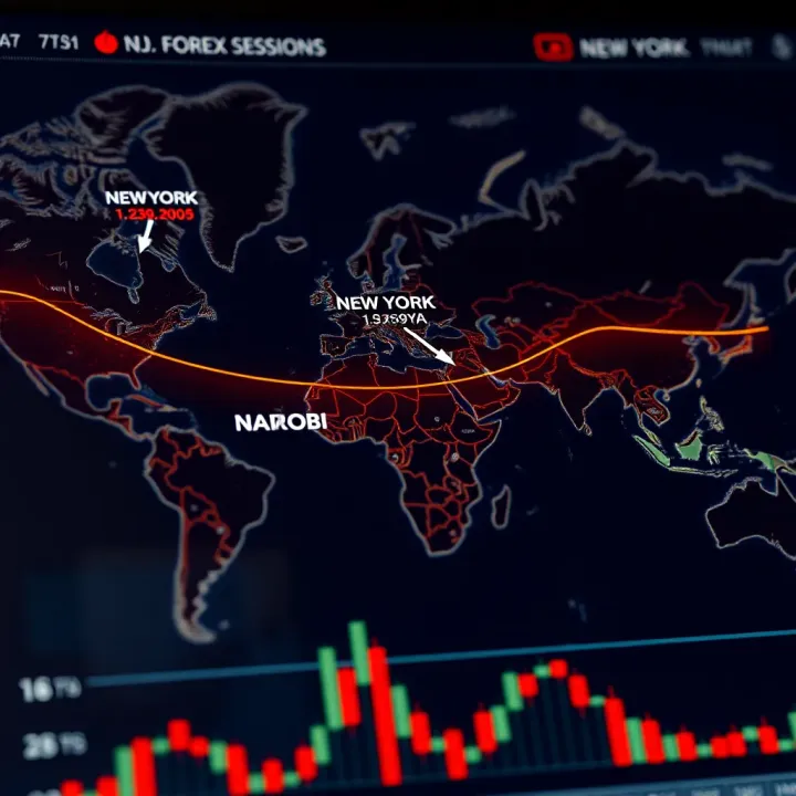 World map highlighting New York and Nairobi showing forex market session timings
