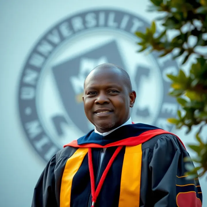 Portrait of Paul Mugenda in academic gown with University of Nairobi emblem in the background