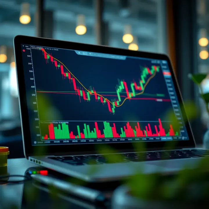 Illustration of digital forex trading charts and analysis tools on a laptop screen
