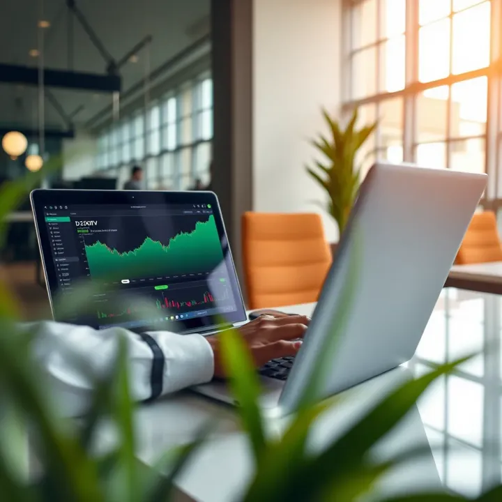 User navigating the Deriv trading platform interface on a laptop in a modern office