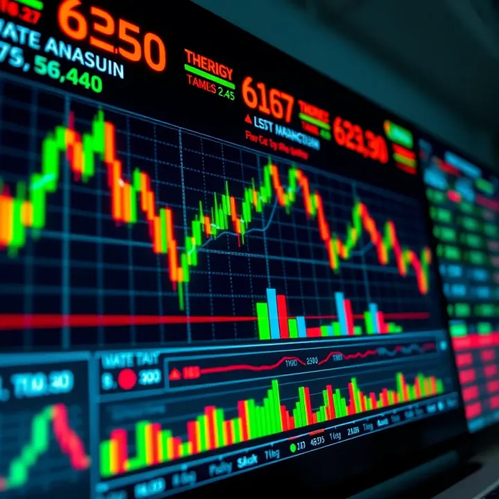 Digital interface displaying forex trading candlestick charts and data analytics