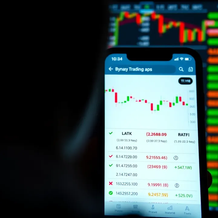 Mobile phone displaying a binary trading app interface with charts and trading options
