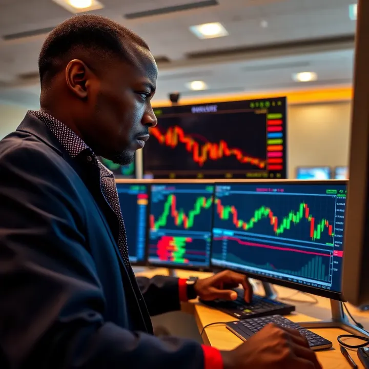 Kenyan forex trader analyzing market charts on multiple screens