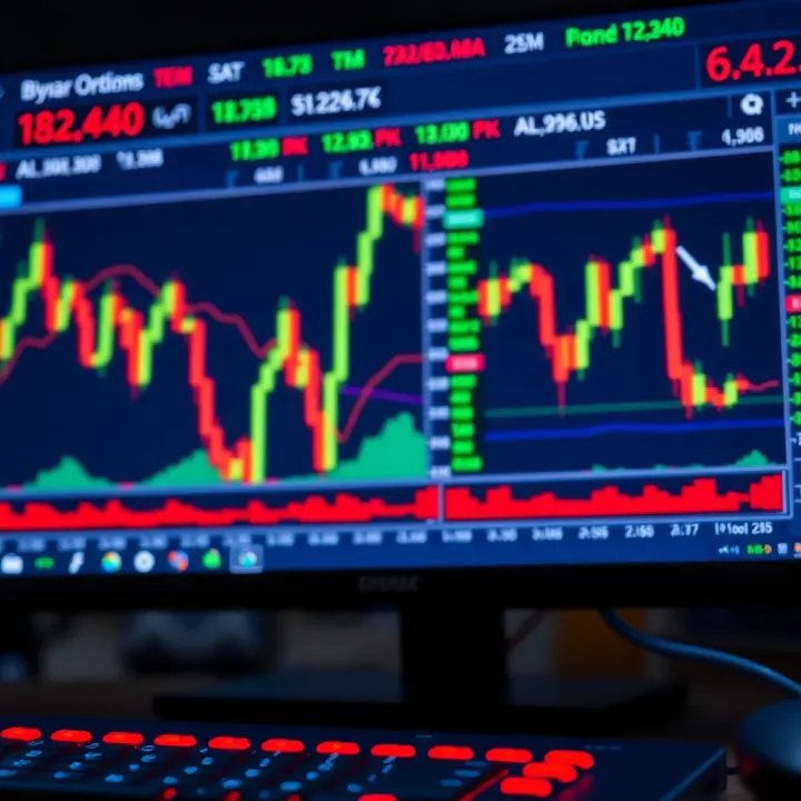 Illustration of a digital trading platform displaying binary options charts and data