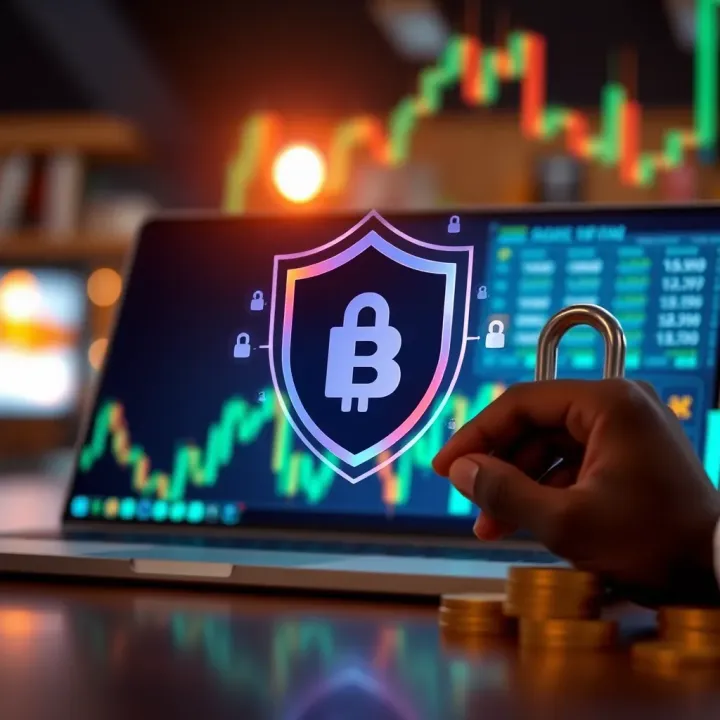 Secure Online Trading with Protection Measures Conceptual graphic showing secure online trading with shield and currency symbols