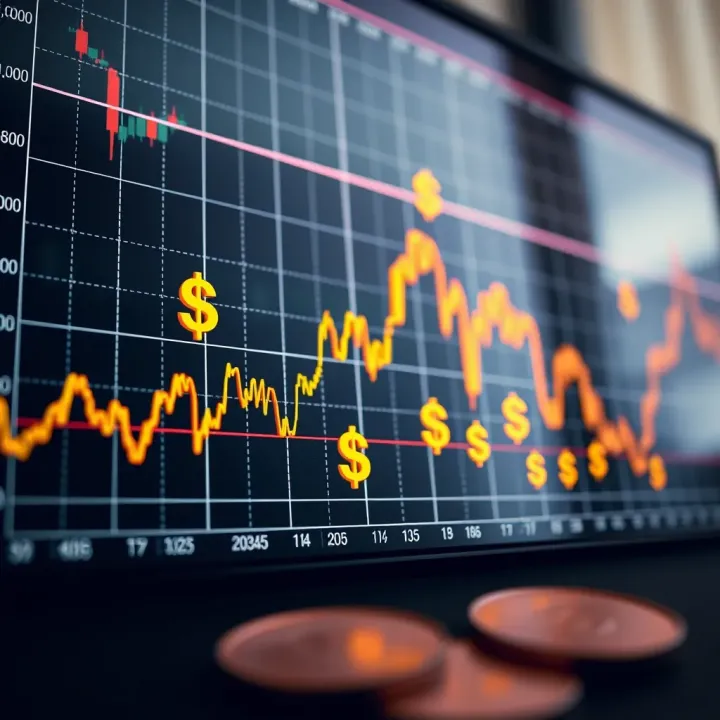 Graph showing the rise and fall of binary options trades with currency symbols