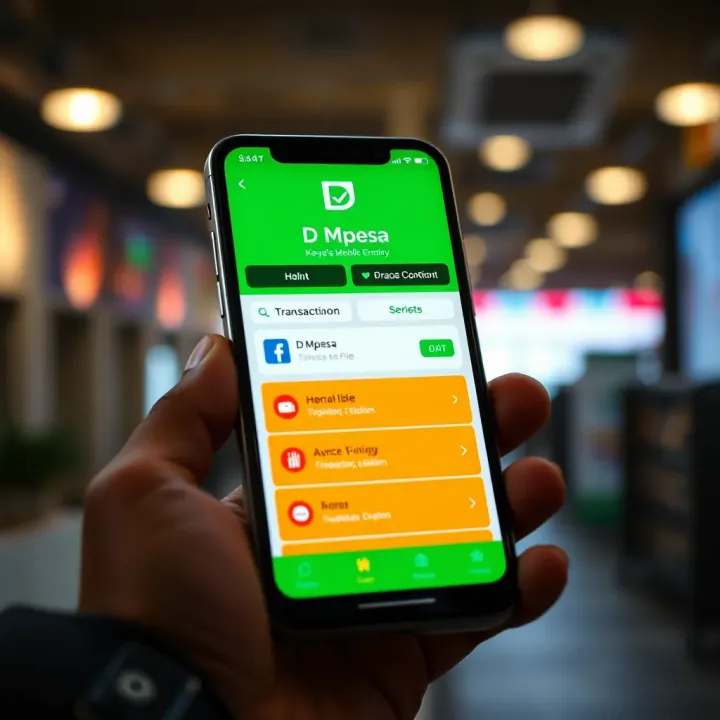 A mobile phone displaying the D Mpesa app interface featuring transaction options
