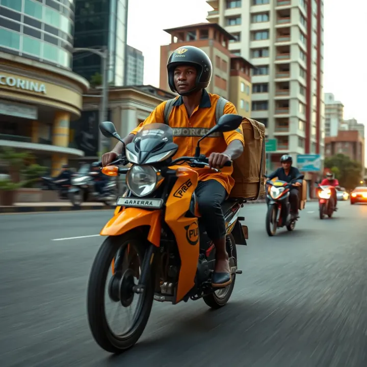A delivery motorcycle navigating urban streets in Kenya, illustrating local courier services in motion