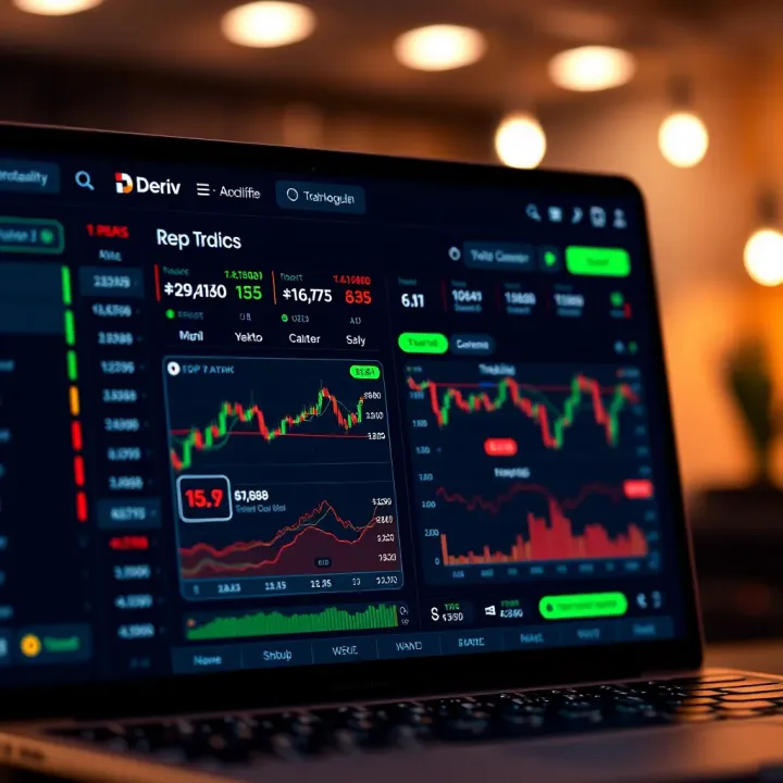 Dashboard of the Deriv app showing various trading instruments and real-time market data